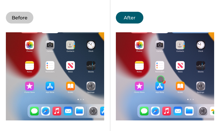 The iPad home screen before and after a mouse is connected and enabled